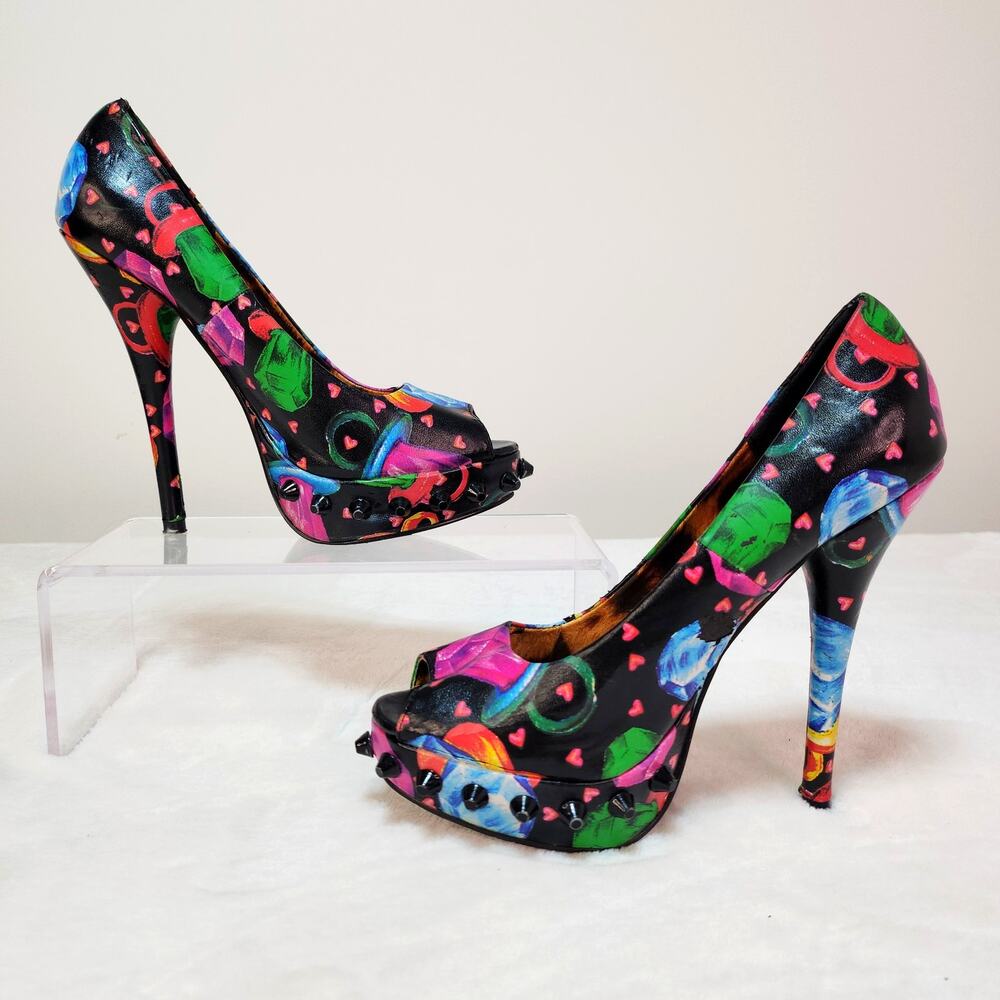 Vintage Y2k Iron Fist Scene Kidcore Whimsigoth Studded Heels 6 Black Peep Toe - Picture 3 of 8